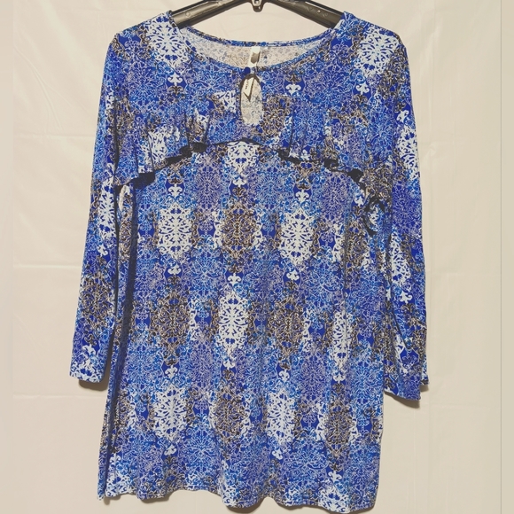 NY Colllection EUC Women's Long Sleeve Blouse, Size Large, Blue & White Pattern - Picture 2 of 9